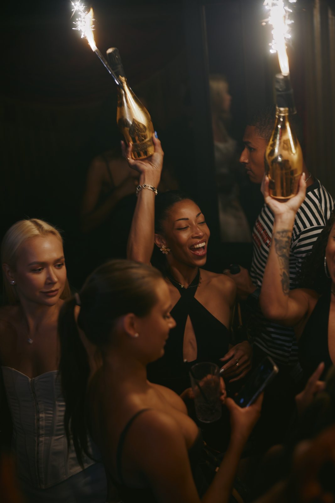Guests celebrating together as sparkler bottle service arrives at their table
